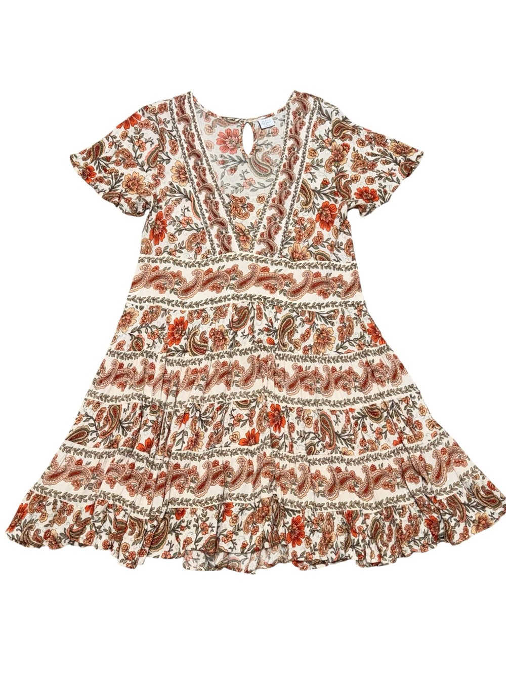 PATRONS OF PEACE Boho Floral Paisley Tiered Mini Dress Women’s Size Medium